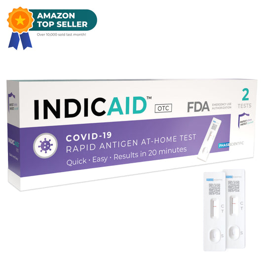 INDICAID COVID-19 rapid antigen at-home test packaging with Amazon Top Seller badge on a white background