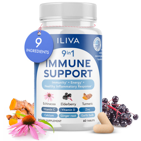 ILIVA 9-in-1 Immune Support Supplement: Daily Multi-Vitamin for Respiratory Health with Vitamin C, D3, Calcium, Zinc, Proprietary Herbal Extract Elderberry+echinacea+Turmeric. 60 Tablets for 30 Days